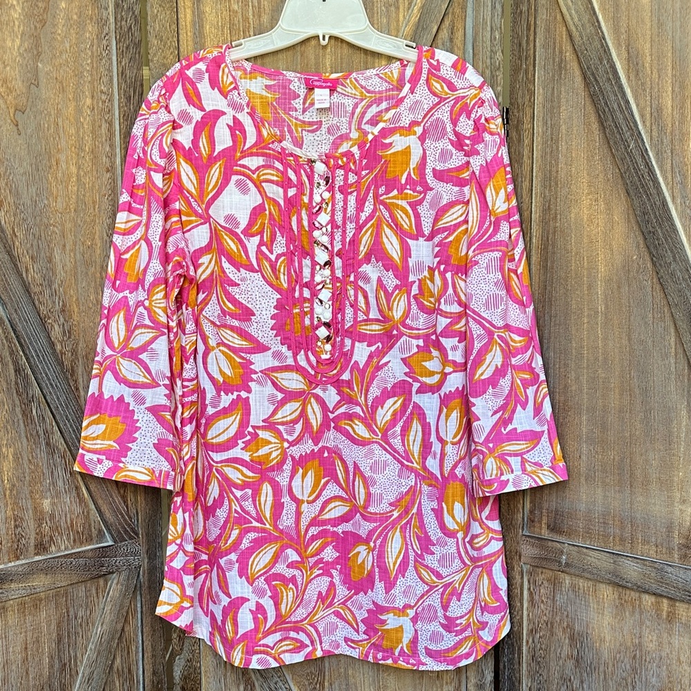 Pappagallo Embellished Pink & Orange Floral Blouse Tunic 100% Cotton Size Large
